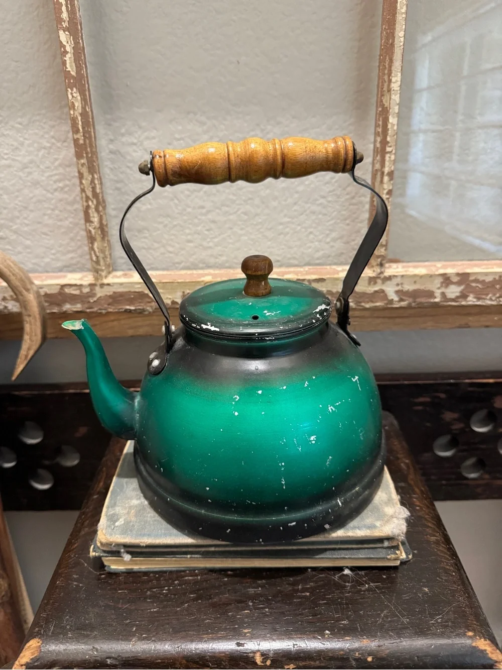 Green Vintage Tea Kettle with Wooden Handle